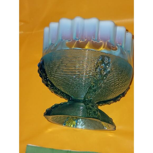 Vintage Northwood Button Panel Blue Opalescent Crimped Top Glass Candy Dish - Picture 5 of 11